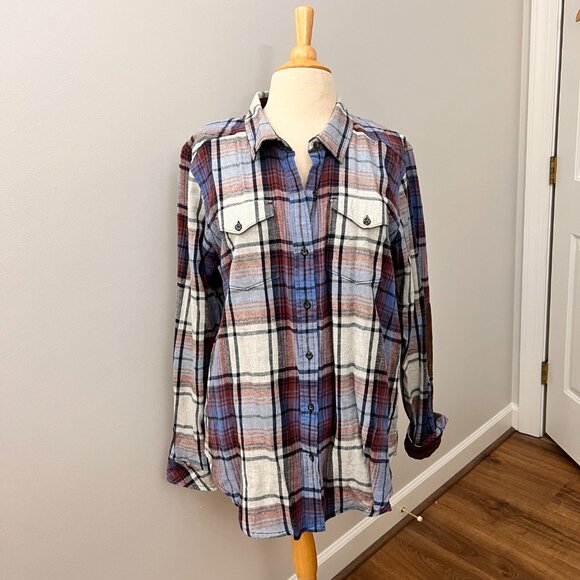 Kavu Flannel Blue Brown Plaid Corduroy Elbow Patch Outdoor Size XL - Picture 10 of 11